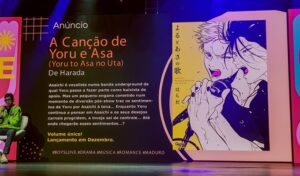 Tela com o anúncio do mangá A canção de Yoru e Asa, de Harada.