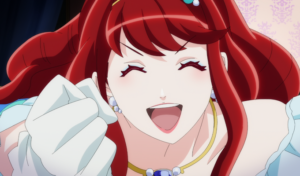 Captura de tela do anime I Want to Escape from Princess Lessons. Na imagem, a protagonista Leticia está sorrindo, e sua mão direita está fechada e esticada para cima. O título faz parte dos animes da temporada de inverno de 2025.