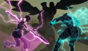 Captura de tela do anime Kaiju No. 8. Na imagem, os personagens Narumi e Kafka estão de costas, lutando contra o Monstro número 9, que está de frente. O título faz parte dos animes da temporada de verão de 2025.