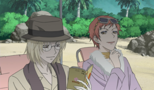 Captura de tela do anime Kamisama Hajimemashita. A imagem é dos personagens Mikage e Otohiko.