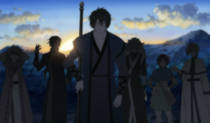 Captura de tela do anime Yona of the Dawn. A imagem é dos personagens Hak, Yun e os quatro guerreiros dragões lendários.
