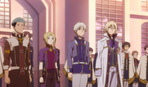 Captura de tela do anime Snow White with the Red Hair. A imagem é dos personagens Mitsuhide, Kiki, Zen e Izana.