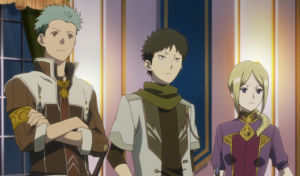 Captura de tela do anime Snow White with the Red Hair. A imagem é dos personagens Mitsuhide, Obi e Kiki.