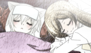 Captura de tela do anime Kamisama Hajimemashita. A imagem é de Tomoe e Nanami, os protagonistas.