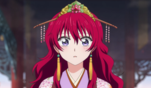 Captura de tela do anime Yona of the Dawn. A imagem é de Yona, a protagonista. Ela tem cabelo vermelho e olhos lilás.