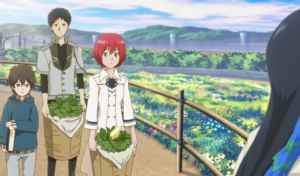 Captura de tela do anime Snow White with the Red Hair. A imagem é dos personagens Ryu, Obi e Shirayuki.