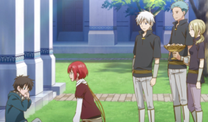 Captura de tela do anime Snow White with the Red Hair. A imagem é dos personagens Ryu, Shirayuki, Zen, Mitsuhide e Kiki.