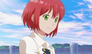 Captura de tela do anime Snow White with the Red Hair. A imagem é de Shirayuki, a protagonista. Ela tem cabelo vermelho e olhos verdes. O título faz parte dos meus animes shoujo favoritos.
