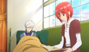 Captura de tela do anime Snow White with the Red Hair. A imagem é de Zen e Shirayuki, os protagonistas.