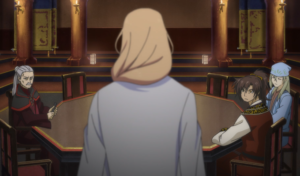 Captura de tela do anime Yona of the Dawn. A imagem é dos personagens Soo-won e os generais das tribos do fogo, da terra e da água.