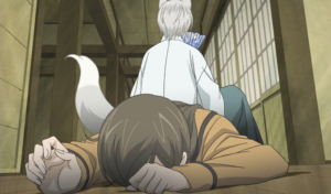 Captura de tela do anime Kamisama Hajimemashita. A imagem é de Tomoe e Nanami, os protagonistas.