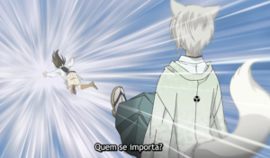 Captura de tela do anime Kamisama Hajimemashita. A imagem é de Tomoe e Nanami, os protagonistas.