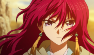 Captura de tela do anime Yona of the Dawn. A imagem é de Yona, a protagonista. Ela tem cabelo vermelho e olhos lilás. O título faz parte dos meus animes shoujo favoritos.