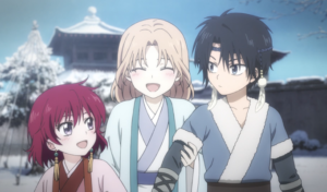 Captura de tela do anime Yona of the Dawn. A imagem é dos personagens Yona, Soo-won e Hak.
