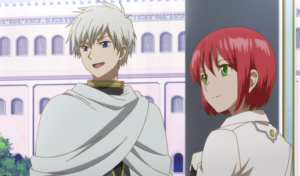 Captura de tela do anime Snow White with the Red Hair. A imagem é de Zen e Shirayuki, os protagonistas.