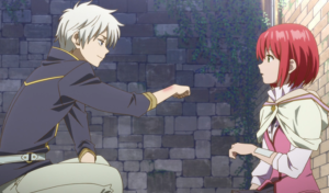 Captura de tela do anime Snow White with the Red Hair. A imagem é de Zen e Shirayuki, os protagonistas.