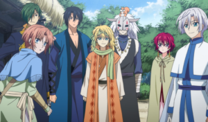 Captura de tela do anime Yona of the Dawn. A imagem é dos personagens Yona, Hak, Yun e os quatro guerreiros dragões lendários.