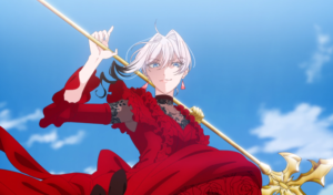 Captura de tela do anime May I Ask for One Final Thing?. Na imagem, Scarlet, a protagonista, está segurando, com as duas mãos, uma lança na horizontal atrás do pescoço. O título faz parte dos animes da temporada de outono de 2025.