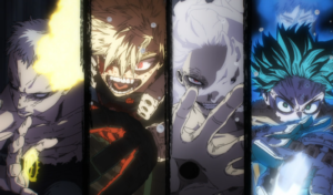 Captura de tela do anime My Hero Academia. Da esquerda para a direita, estão os personagens All for One, Bakugo, Shigaraki e Midoriya. Os quatros estão olhando para a frente.