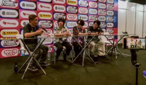 Banda Burnout Syndromes em uma coletiva de imprensa no Anime Friends 2026.